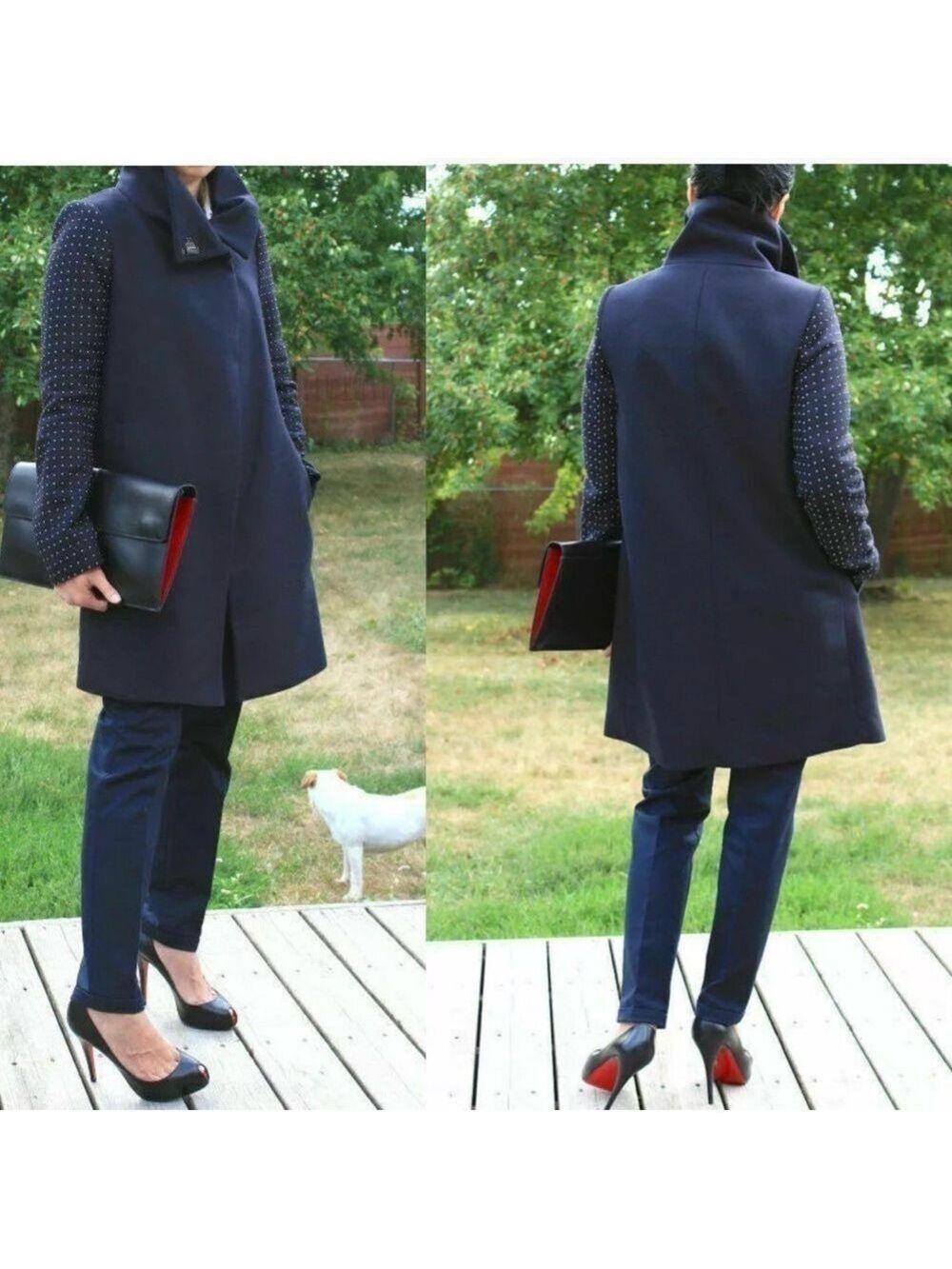 ZARA RARE COAT NAVY BLUE STUDDED APPLIQUE SLEEVE WOOL WINTER BLAZER JACKET Sz S